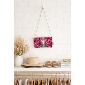 Kay Lee Pink Bee Leopard Beaded Crossbody Envelope Bag New